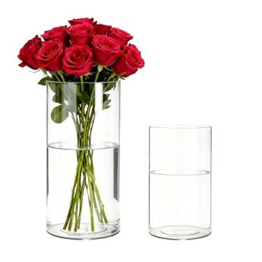 Imagem de Guluto Pacote com 2 vasos cilíndricos de acrílico, vaso inquebrável para centros de mesa, vaso de flores transparente de 20,7 cm de altura, suporte de vela flutuante para mesa de casamento, decoração