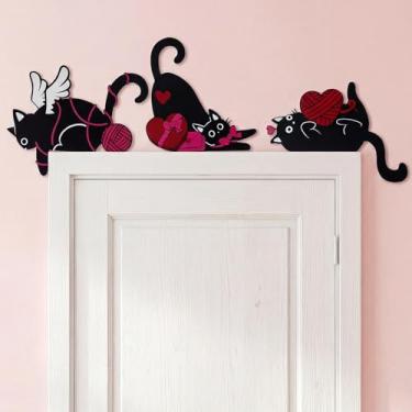 Imagem de Bucherry Conjunto de 3 decoração de parede de madeira de gato preto, decorações de canto de gato fofo para moldura de porta ou parede, decoração romântica de gatinho de madeira com pontos adesivos