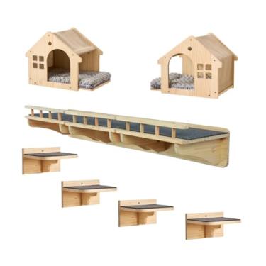 Imagem de SHENGOCASE Conjunto de móveis para gatos montado na parede, madeira natural, poleiro de varanda de 120 cm com corrimão, 4 degraus, 2 casas com almofadas