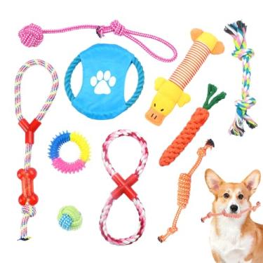 Imagem de NESSICURE Pacote com 10 brinquedos para animais de estimação, brinquedos interativos para limpeza de dentes e diversão, conjunto de brinquedos de mastigar de corda e borracha para cães