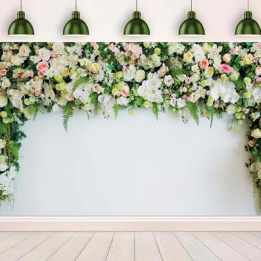 Imagem de YongFoto Pano de fundo floral para casamento, 2,1 x 1,5 m, flores brancas e rosa, folhas verdes, fundo para fotografia romântica para casamento, casamento, cerimônia, chá de panela, decoração de mesa