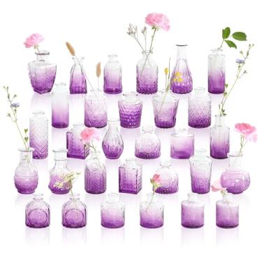 Imagem de GarDream Mini vasos de vidro ombré roxo violeta a granel 30, vaso de flores vintage em relevo pequeno para centros de mesa, decoração de casamento, festa, chá de bebê, chá de panela, conjunto de vasos