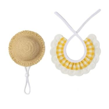 Imagem de Conjunto de chapéu de palha e gola guingão amarelo - chapéu ajustável com acabamento de franja + gola xadrez com babados para varanda de ganso, roupas de cachorro e gato