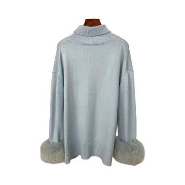 Imagem de Suéter Feminino De Tricô Com Mangas De Pele De Raposa, Ajuste Slim, Mo