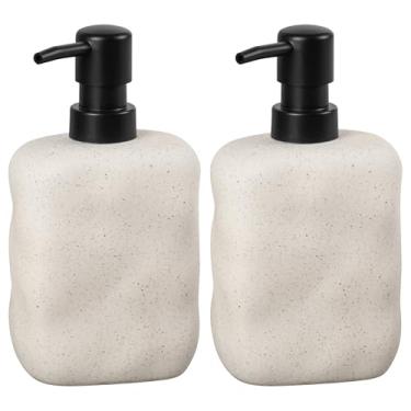 Imagem de SLIVOUS Dispensador de sabão de cerâmica moderno, acabamento salpicado bege, topo preto, recipiente de líquido recarregável para banheiro e cozinha (bege, pacote com 2)