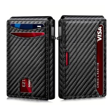 Imagem de Carteira masculina fina de couro RFID com suporte para cartão, botão pop-up e compartimentos de acesso rápido para viagens, transporte diário, presentes para homens