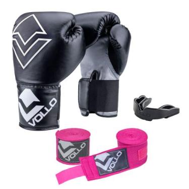 Imagem de Kit Boxe Vollo Iniciante Luva 12Oz + Protetor Preto + Bandagem Rosa