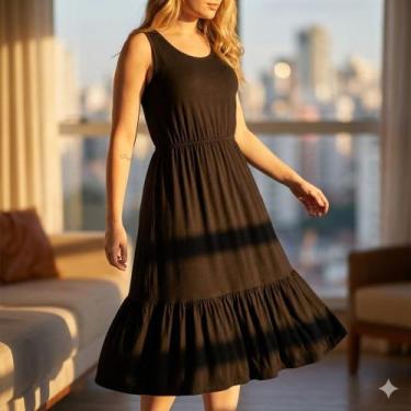 Imagem de Vestido Midi Feminino Rechsul Sem Mangas Babados Preto, Preto, P