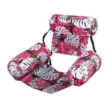 Imagem de Cadeira Flutuante Inflável para Adultos, Tecido Suave + Encosto Ajustável, Ideal para Praia, Lago, Rio e Festas na Piscina, Design de Folhagens Tropicais.