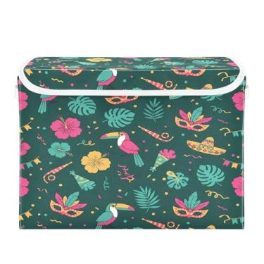 Imagem de Wassud Cestos de armazenamento dobráveis com tampas, folhas de carnaval, pássaros, cestas organizadoras de tecido dobrável para armário, casa e decoração sazonal 41,5 x 32,5 x 39,5 cm