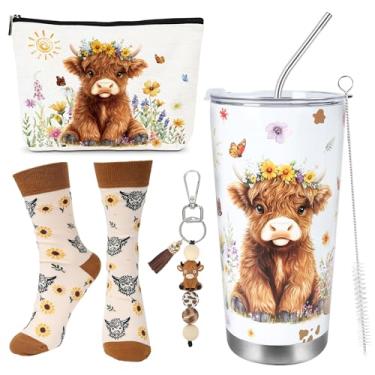 Imagem de INCOK Conjunto de 4 peças de presentes de vaca Highland, presente fofo para amantes de vaca com caneca de copo de aço inoxidável de 590 ml, chaveiro e meias fofas, presentes de girassol para mulheres