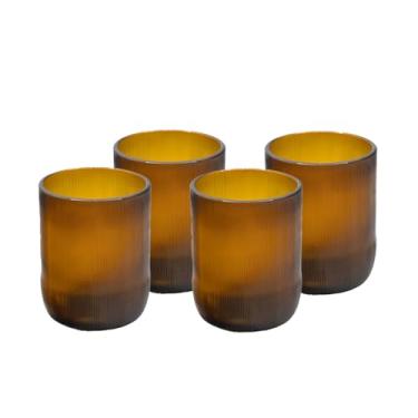 Imagem de IWAS Copos Upcycled Short Auburn | Ranhuras verticais finas feitas à mão | 250 ml | 240 ml | Conjunto de 4 | Copos de água sustentáveis | Óculos marrons ecologicamente corretos para casa