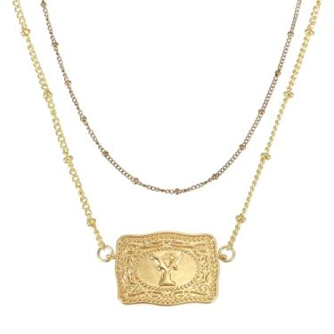 Imagem de PATIKIL Colar de fivela de cinto em relevo, 1 conjunto de colar de etiqueta de vaca com inicial ocidental com corrente de contas joia ocidental para mulheres e homens, presente de aniversário, letra Y