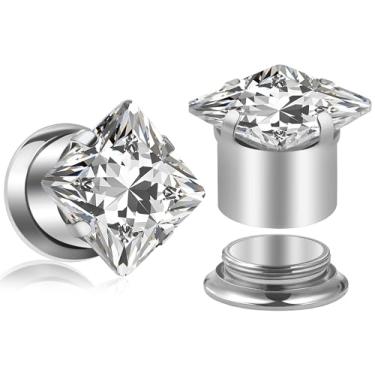 Imagem de Uqnwbdq 10G-00G Calibres quadrados CZ para orelha, aço cirúrgico 316L, acabamento espelhado, alargador, alargador, alargador, alargador, brincos internamente roscados, diamantes, para mulheres, homens