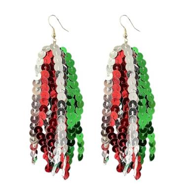 Imagem de Brincos pendentes de lantejoulas verdes vermelhas de Natal brilhantes verdes vermelhos e brancos com glitter, joias de festa de Natal presentes, 3 cm, Zinco, Sem pedra preciosa