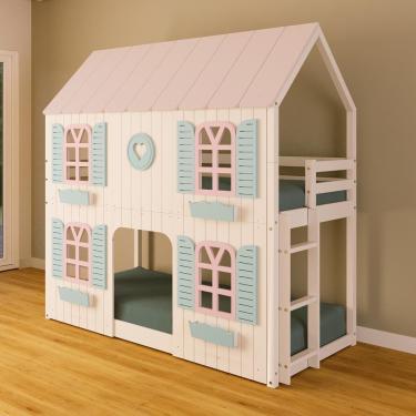 Imagem de Beliche Montessoriano Casinha Bela Com Coração 4 Janelas Venezianas - Madeira Maciça Branco/rosa/verde | Housin