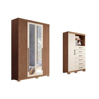 Imagem de Guarda Roupa Cômoda 2 Peças Solteiro e Closet QC312 4 Portas de Bater 2 Gavetas MDF MDP Jatobá Areia