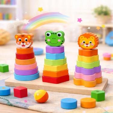 Imagem de Torre Animal Educativa de Madeira, 3 Torres com Formas Geométricas, Br