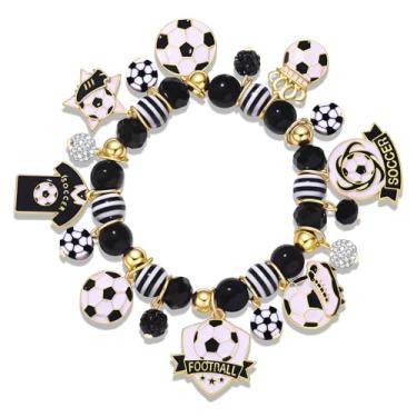 Imagem de PHALIN Pulseira de futebol feminina com contas para o dia do jogo, acessórios de joias, roupas, presente de futebol para mulheres, meninas, mães, fãs, lembrancinhas de festa, One Size, Liga metálica