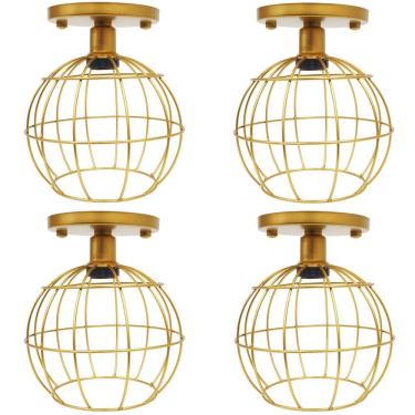 Imagem de 4 Lustres Teto Plafon Industrial Aramado Globo Retrô Luminária Sobrepor Vintage Dourado Agp Ilumini