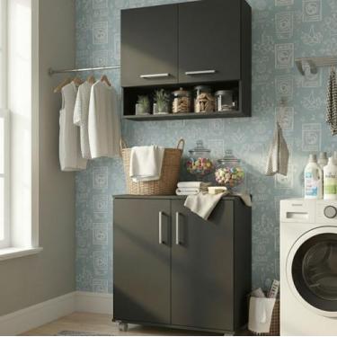 Imagem de Kit Armário Lavanderia Multiuso 4 Portas Com Rodinhas Com Nicho 4 Prat