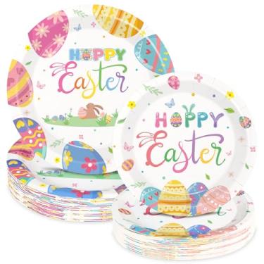 Imagem de Conjunto de 50 pratos de papel de Páscoa, pratos de sobremesa descartáveis Happy Easter com ovos coloridos e design de coelho, utensílios de mesa de férias de primavera para festa de Páscoa, reunião