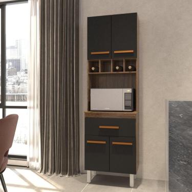 Imagem de Armário Paneleiro Vivian Com Adega 4 Portas 1 Gaveta Cozinha Compacta Savana Preto