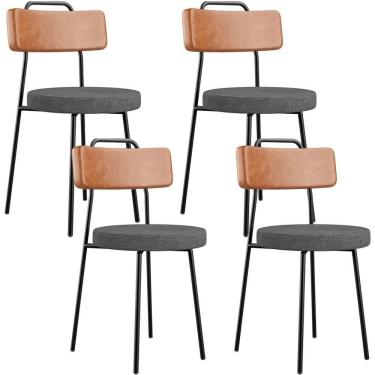 Imagem de Kit 04 Cadeiras Estofada Sala De Jantar Barcelona L02 Couríssimo Camel Linho Cinza Escuro - Lyam