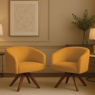 Imagem de Poltrona Sala Base Giratória Madeira Kit 2 Arielle Bouclê D03 - D'rossi Mostarda