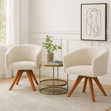 Imagem de Poltrona Sala Base Giratória Madeira Kit 2 Arielle Veludo Cotelê Bege D03 - D'rossi