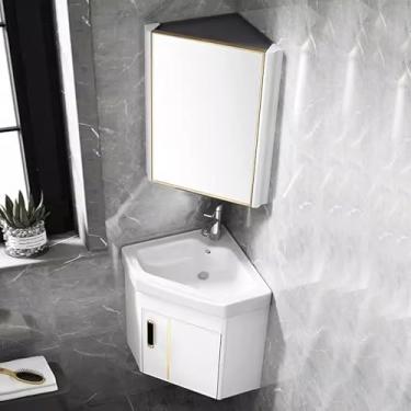 Imagem de Armário De Pia De Banheiro De Canto Dyuz Com Pia De Cerâmica & Espelho, Conjunto De Armário De Pia De Banheiro De Parede, Vaidade De Pia De Banheiro De Canto Pequeno Com, Bianco, 38cm/15"