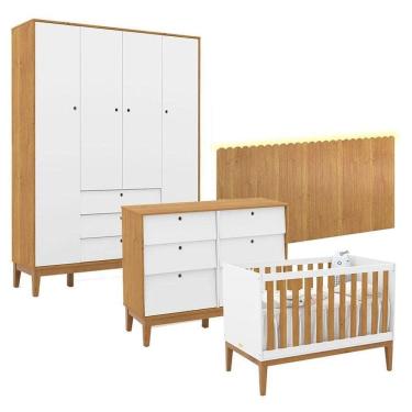 Imagem de Quarto De Bebê Unique 4 Portas Com Cômoda 6 Gavetas E Painel Farm Com Led Branco Soft Freijó Eco Wood - Matic