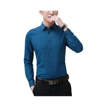Imagem de Camisa Masculina Slim Fit De Cor Sólida Para Negócios E Casual, Sem Ne
