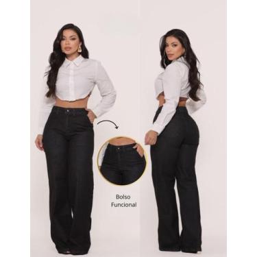 Imagem de Calça Jeans Feminina Wide Leg Preta Cintura Alta Reta Soltinha Estilo,