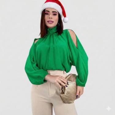 Imagem de Blusa Bata Feminina Gola Alta Manga Bufante Ombro Vazado - SWISS BOUTI