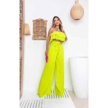 Imagem de Conjunto Feminino de Viscose Calça Flare Pantalona e Cropped Babado - 