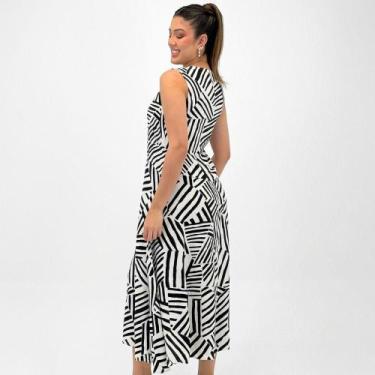 Imagem de Vestido Malwee Regata Midi Estampado Feminino, M, Off white, Preto