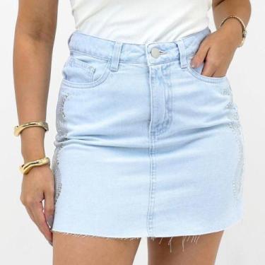 Imagem de Saia Geração Moderna Jeans Mini com Strass Feminina, 42, Jeans claro
