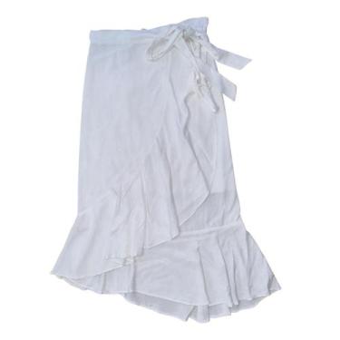 Imagem de Saia Envelope Midi Ajustável Com Babado Branca Forrada De Viscose M Ao