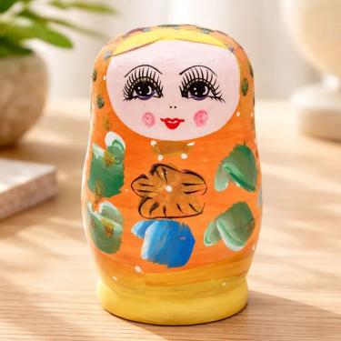 Imagem de Matrioska Russa Decorativa 5 Bonecas Encaixáveis Pintura Manual em Madeira Laranja Apex