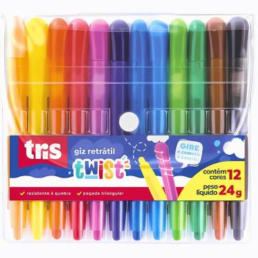 Imagem de Giz Plástico Retrátil Tris Twist com Mecanismo Giratório e Formato Ergonômico para Uso Escolar 12 Unidades Colorido