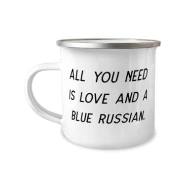 Imagem de Presentes de gato russo azul legal, All You Need is Love and a Blue Russian, Caneca de acampamento de 355 ml para gato russo azul