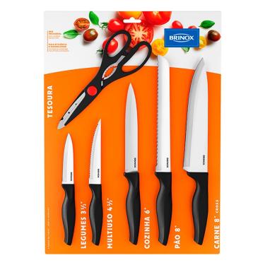 Imagem de Conjunto de Facas e Tesoura Brinox em Aço Inox e Polipropileno Cross – 6 Peças 
