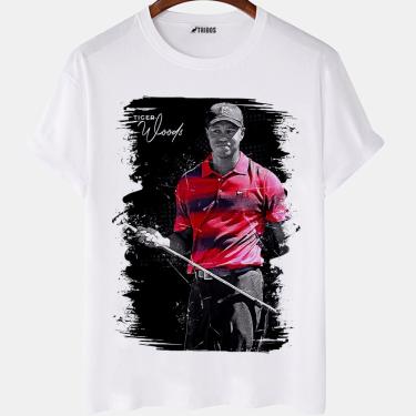 Imagem de Camiseta masculina Celebridade Tiger Woods Famoso Arte Camisa Blusa Branca Estampada