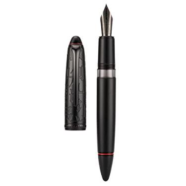 Imagem de Hongdian Caneta-tinteiro de pistão de resina de metal preto, ponta extra fina, com caixa de metal