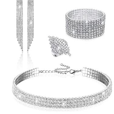 Imagem de PHOGARY Conjunto de joias femininas de strass com pulseira elástica de strass, colar de strass de cristal, brincos de franja pendurados para mulheres, joias de fantasia, joias de noiva, conjuntos de