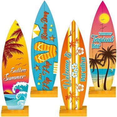 Imagem de 4 peças de decoração de mesa de prancha de surfe placas de praia sinal bem-vindo ao paraíso mesa de bar tropical peças centrais infinitas verão madeira placa de flip-flop letras de mesa para decoração de casa