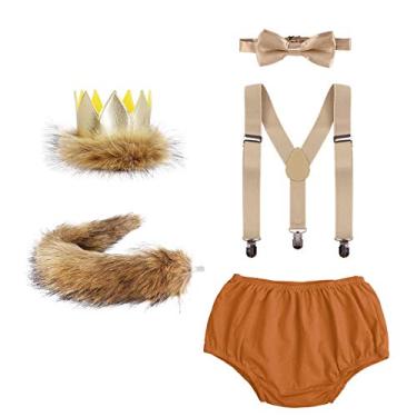 Imagem de 5 peças para bebês meninos Leão 1º / 2º aniversário bolo Smash Outfit One Suspenders calça gravata borboleta cauda coroa fantasia fotografia, Leão marrom, One Size
