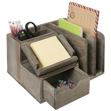Imagem de Organizador de mesa de madeira rústica MyGift com suporte de bloco de notas adesivo, organizador de correspondência e gaveta de puxar, Ash Gray, Medium