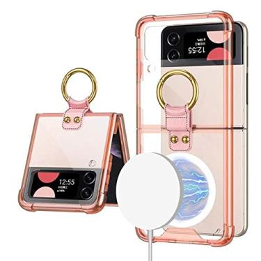 Imagem de estojo magnético de carregamento sem fio para Samsung Z Flip 4 Suporte de anel transparente Capa rígida para Samsung Z Flip 3 5G, rosa laranja, para Samsung Z Flip 4